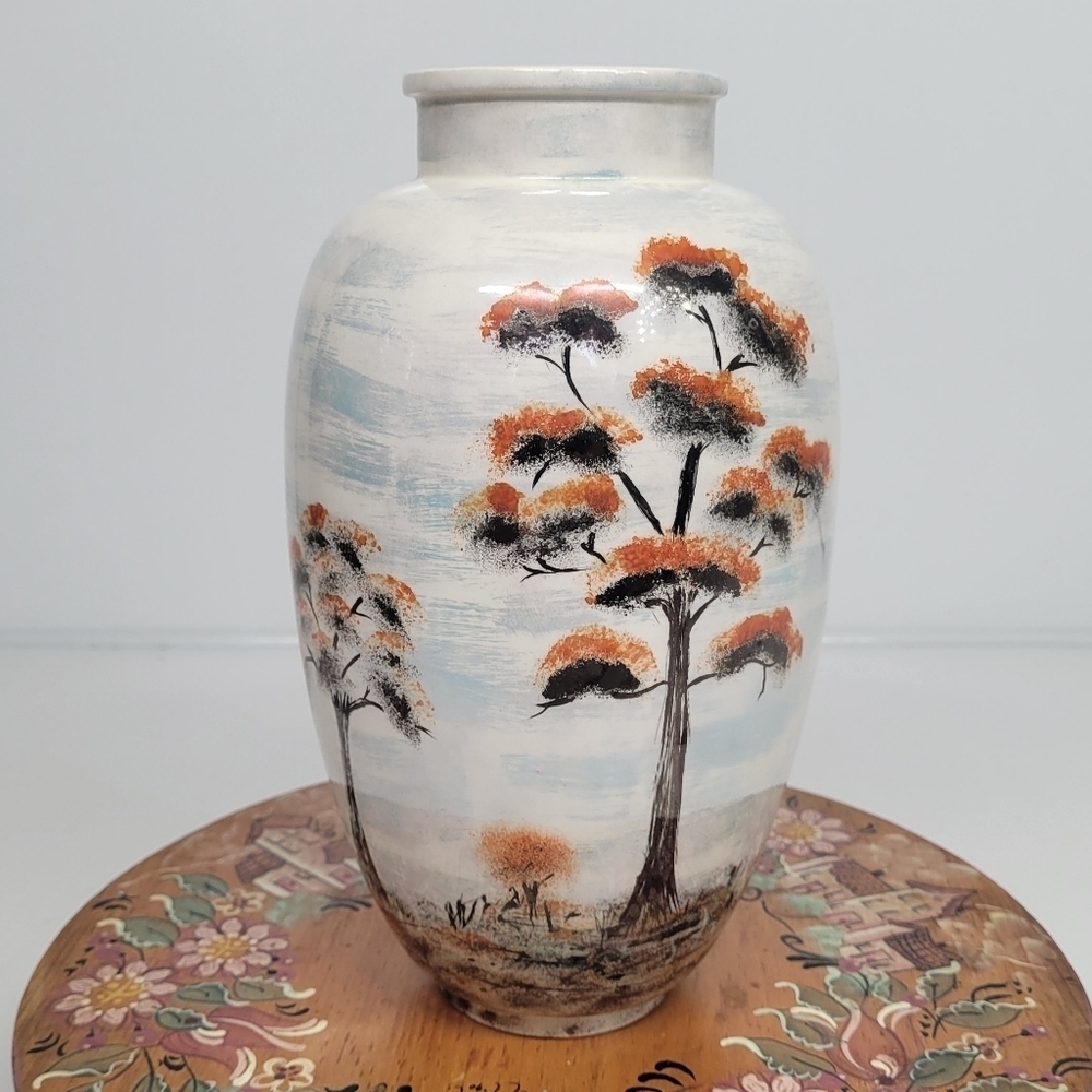 Vintage Hand Painted Pottery Vase signed by‎ Artist Robyn Trees Oriental Glazed